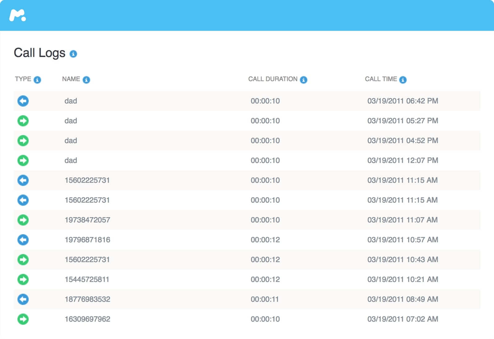 История звонков. Call log Monitor Call History.